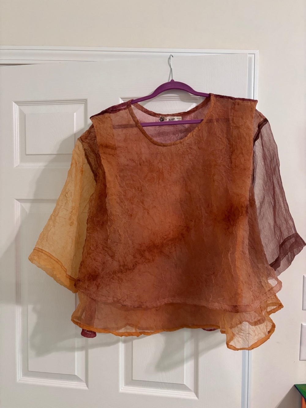 Sheer Layered Short-Sleeve Women's Top in Rust Orange